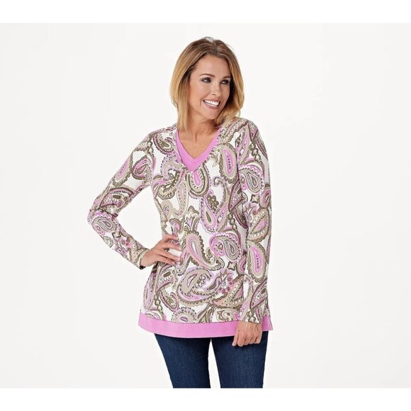 Isaac Mizrahi Live! Paisley Printed Layered Knit Top Pink Stretch a392613 XXS - Picture 1 of 8
